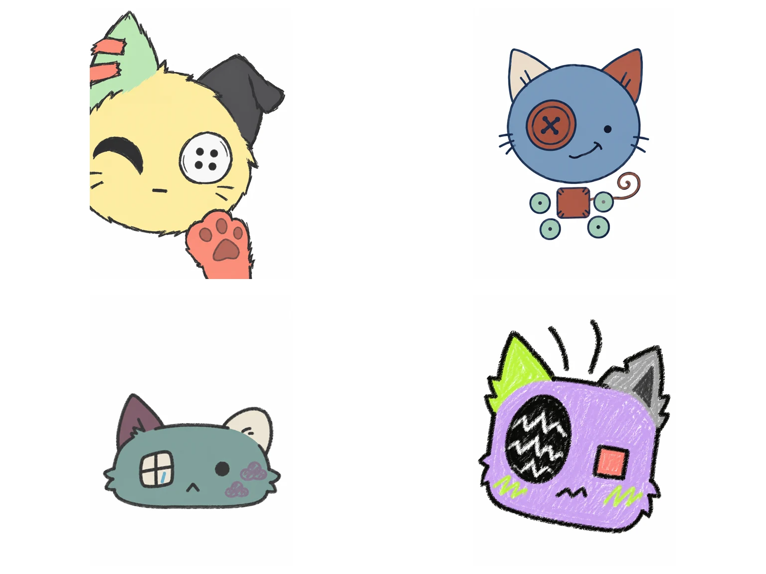 Four hand-drawn Emoji Cat OCs with tape, button, window, weather, and crayon-inspired visual details arranged in a two-by-two grid