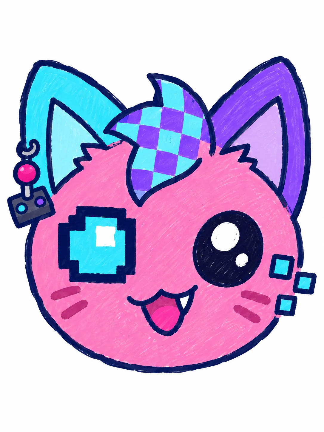 Pink hand-drawn Emoji Cat OC with checkerboard forelock, pixel cyan eye, round black eye, and game-controller charm on white