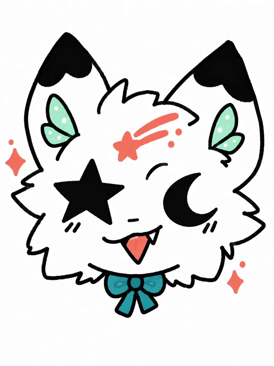 White hand-drawn Emoji Cat OC with star and crescent eyes, coral comet marking, mint moth wings, and teal bow on white