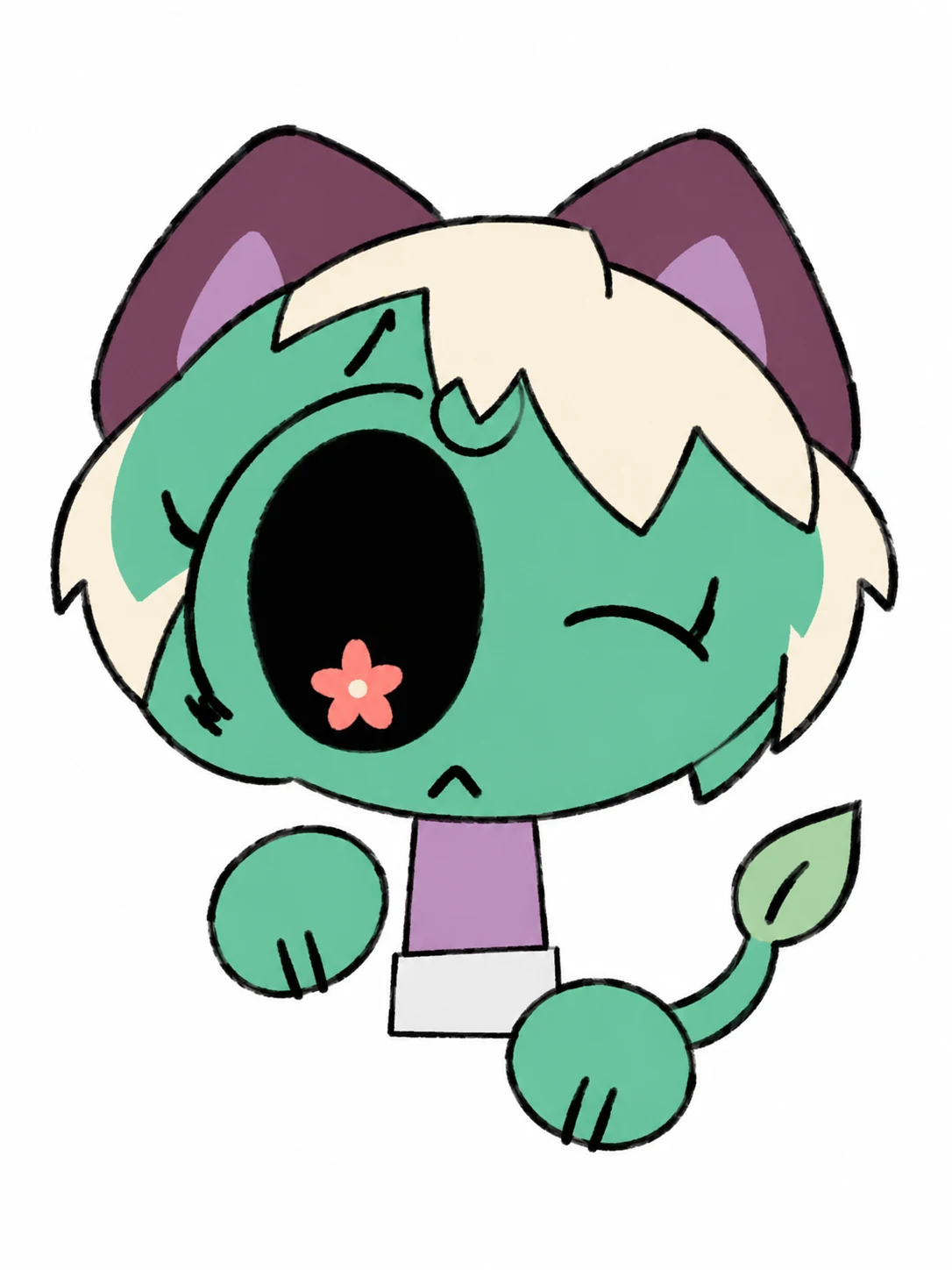 Mint-green Emoji Cat OC with cream bangs, purple ears, a flower pupil, round paws, and a leaf-tipped tail on white