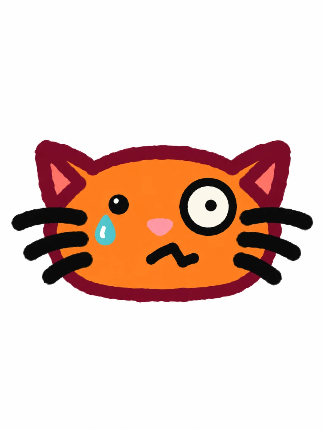 Orange hand-drawn Emoji Cat head with mismatched eyes, blue teardrop, and thick black whiskers on white