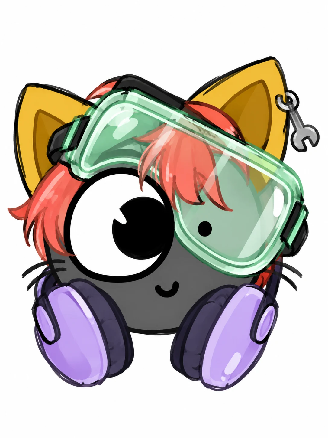 Charcoal Emoji Cat OC with coral hair, mint goggles, violet headphones, golden ears, and wrench charm on white