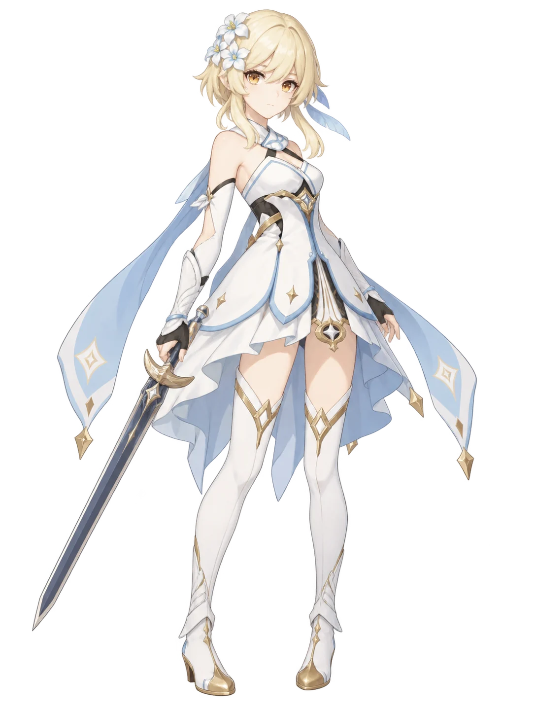 Lumine from Genshin Impact in her standard white, blue, and gold appearance