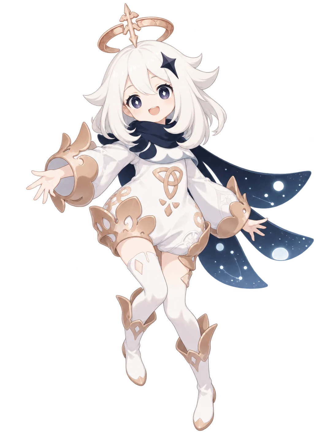 Paimon from Genshin Impact in her standard white and navy appearance