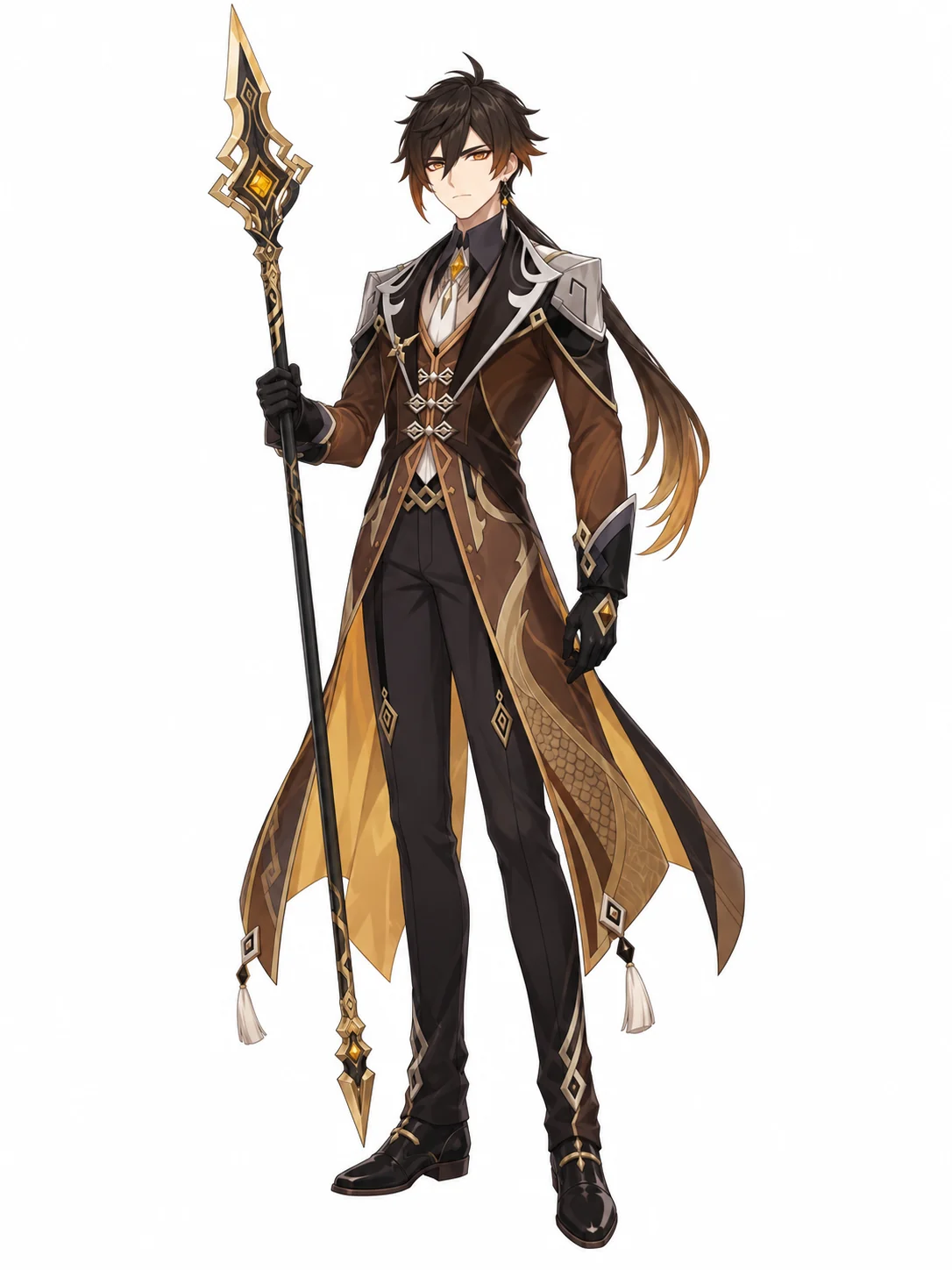 Zhongli from Genshin Impact in his standard brown and gold appearance
