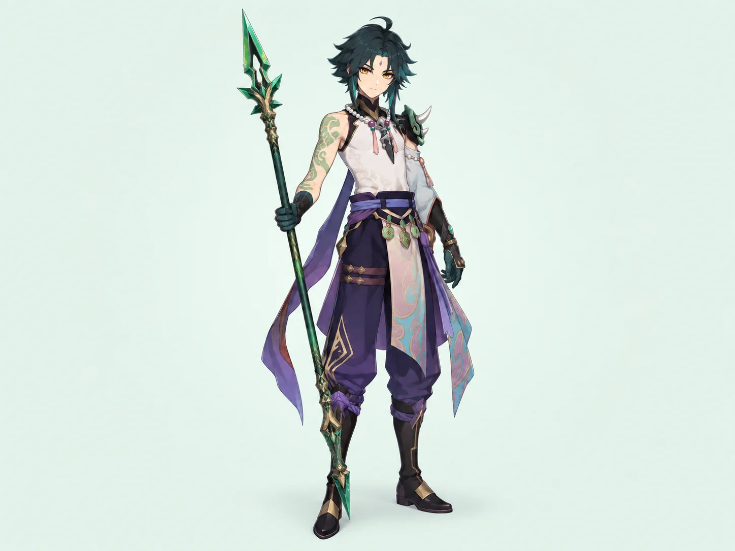 Full-body Xiao character reference holding a green polearm on a pale mint background