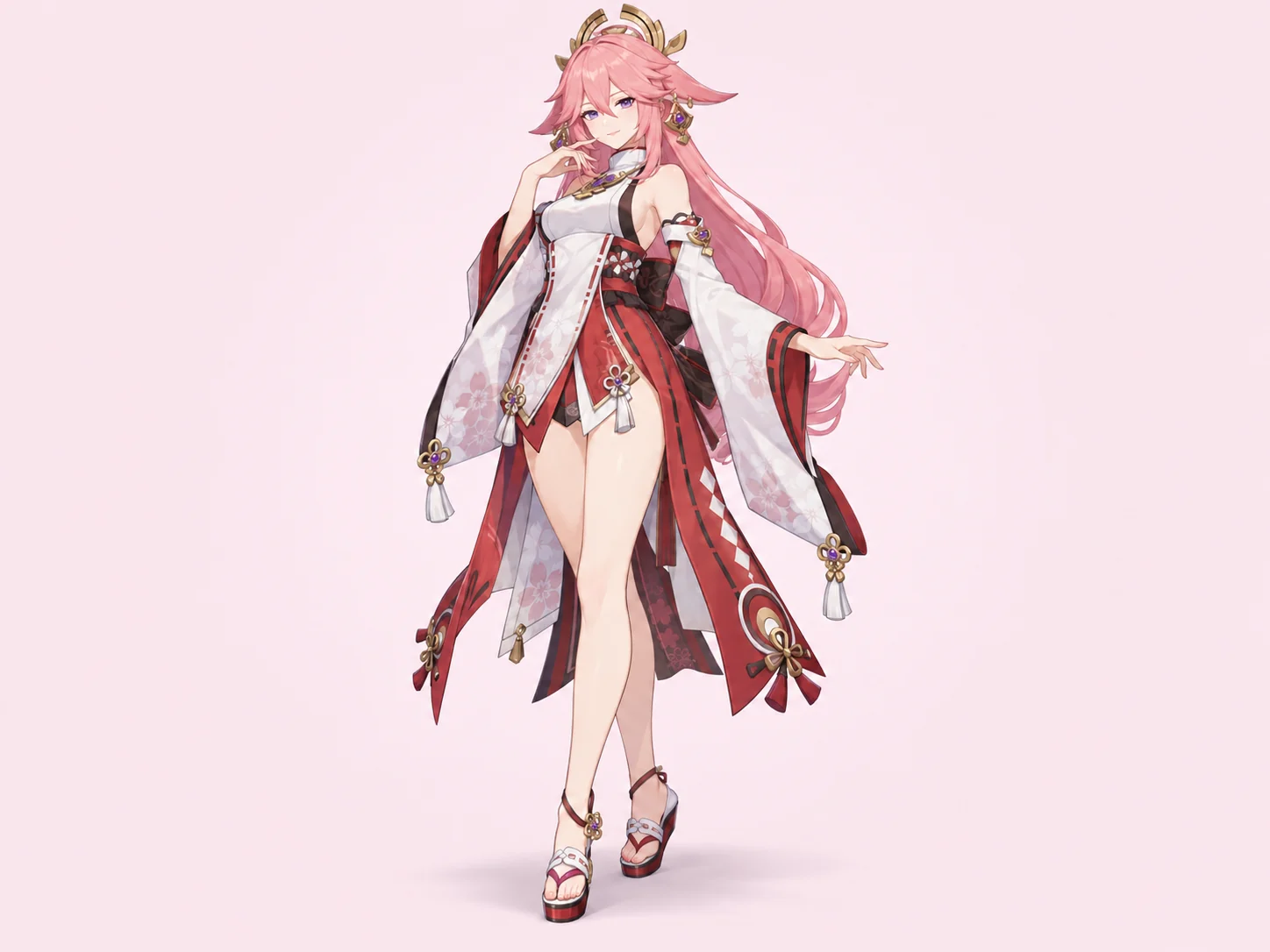 Full-body Yae Miko character reference in a white and crimson shrine outfit on a pale pink background