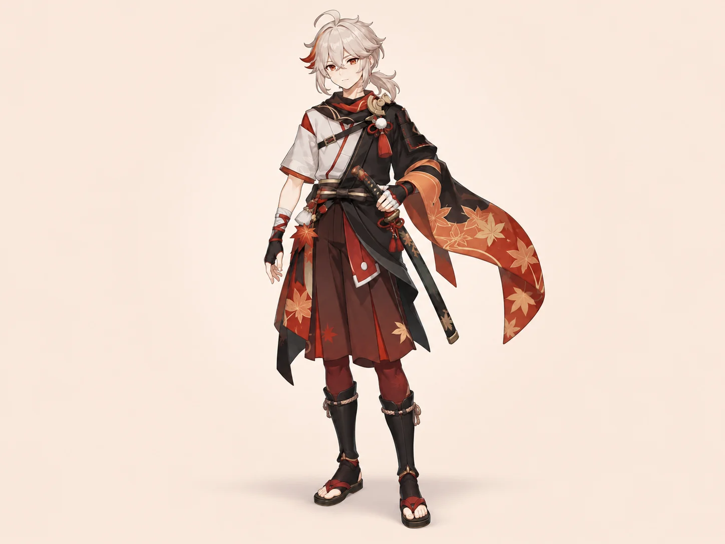 Full-body Kaedehara Kazuha character reference with a red, black, and cream outfit on a pale apricot background