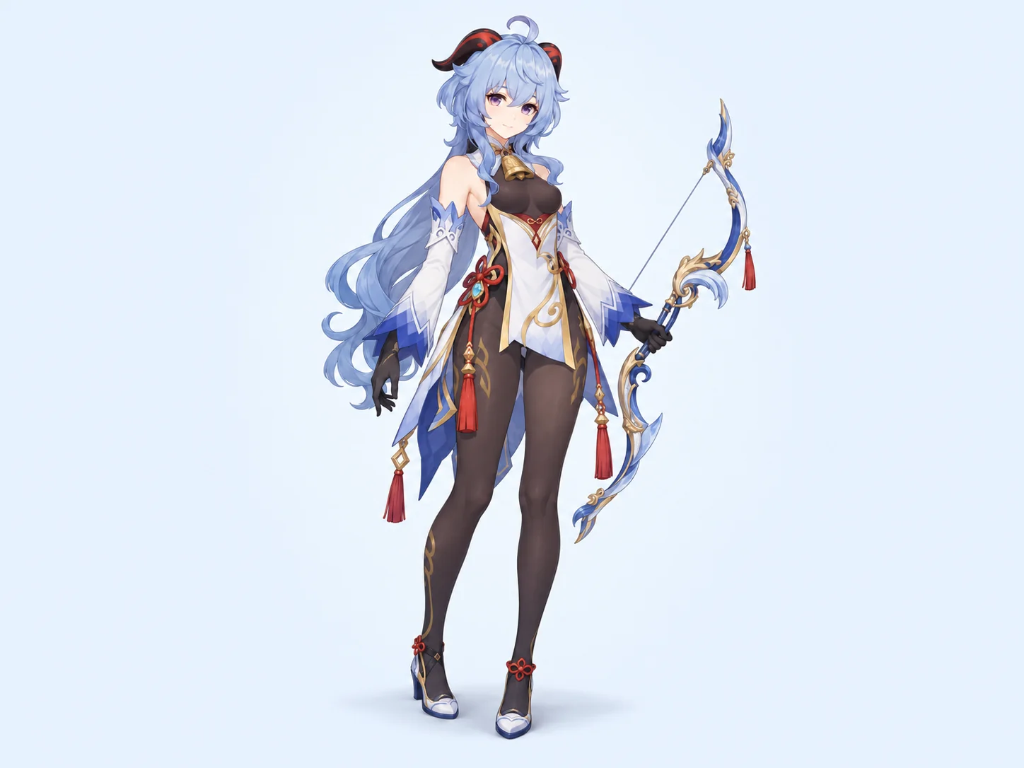 Full-body Ganyu character reference holding a blue bow on a pale icy blue background