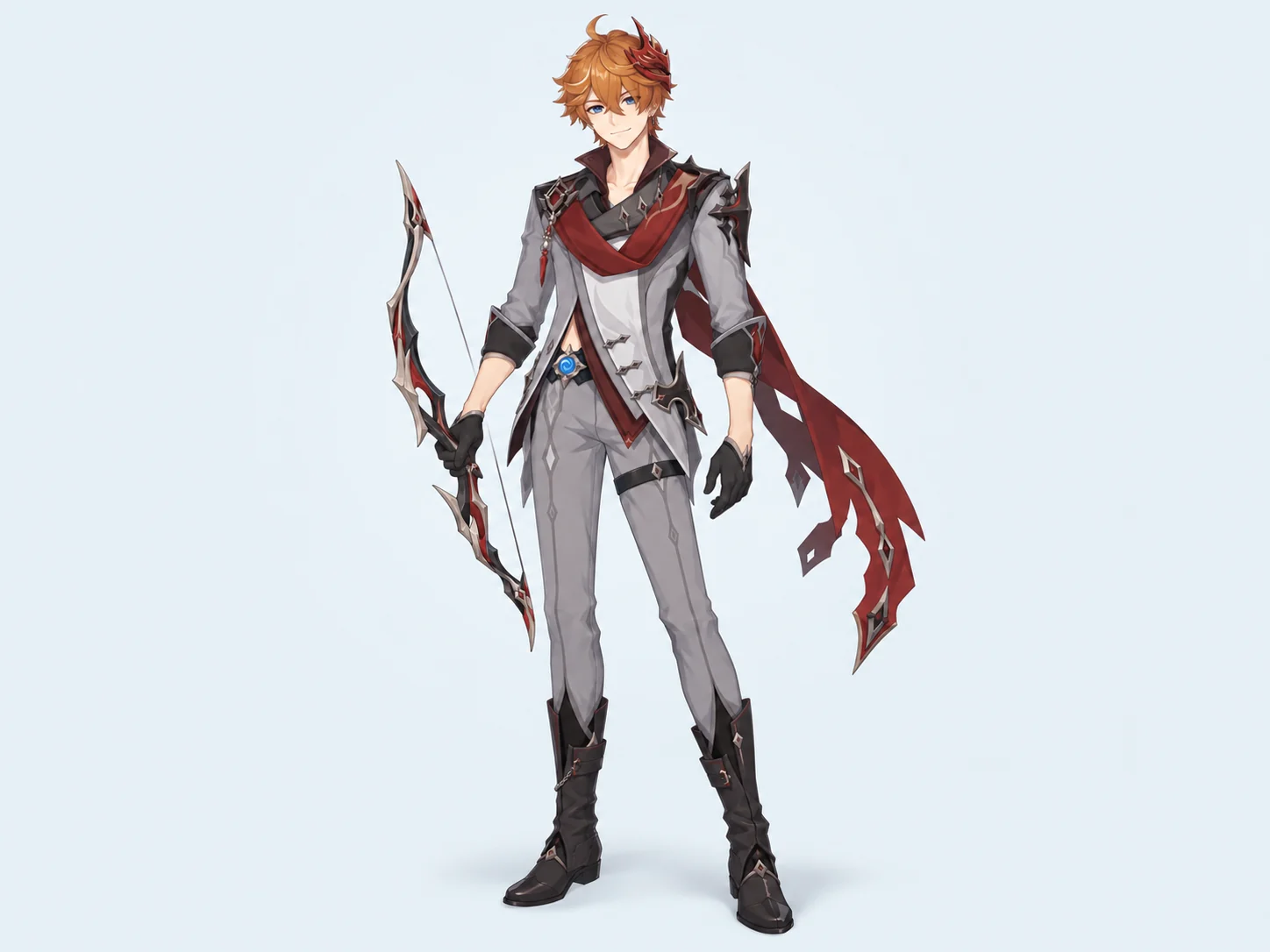 Full-body Tartaglia character reference holding a bow on a pale blue-gray background
