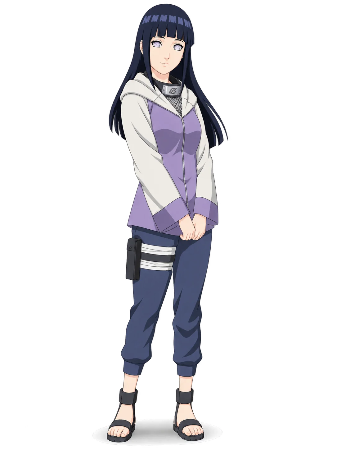 Hinata Hyuga from Naruto in a lavender-and-cream hooded jacket with pale Byakugan eyes