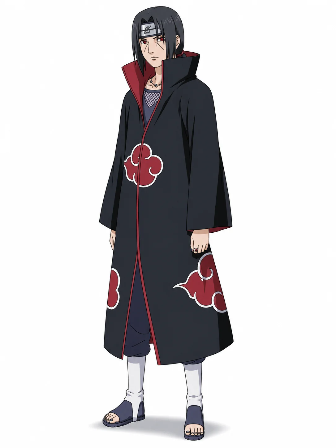 Itachi Uchiha from Naruto in a black Akatsuki cloak with red cloud patterns