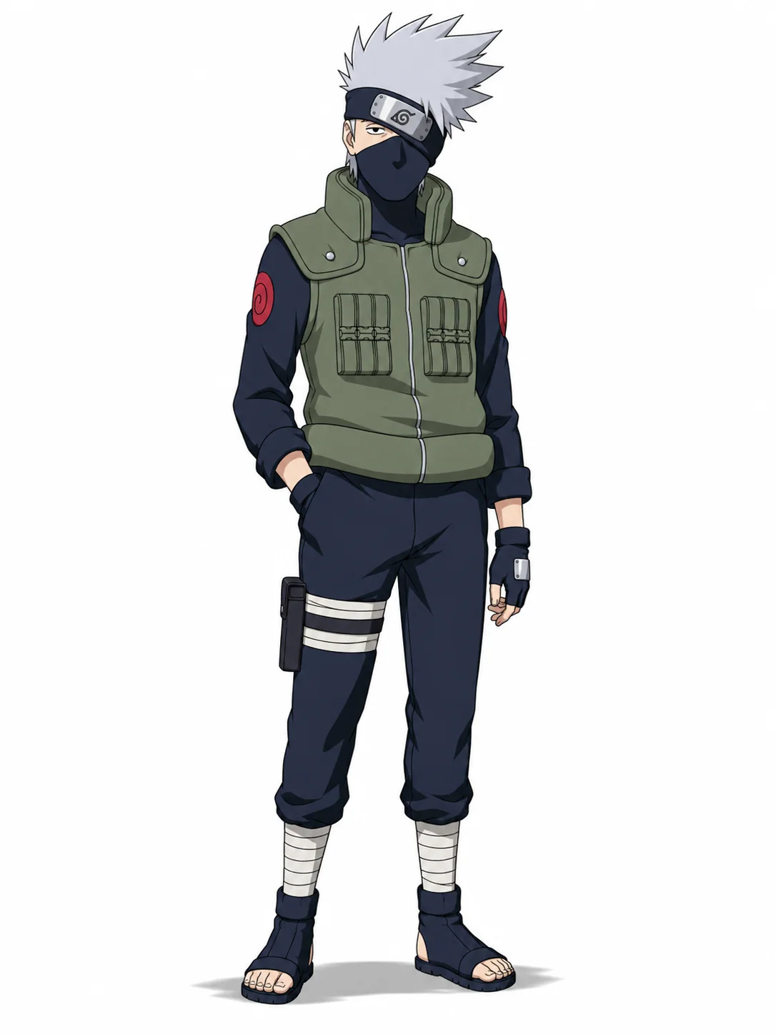 Kakashi Hatake from Naruto in a green flak jacket with a mask and tilted forehead protector