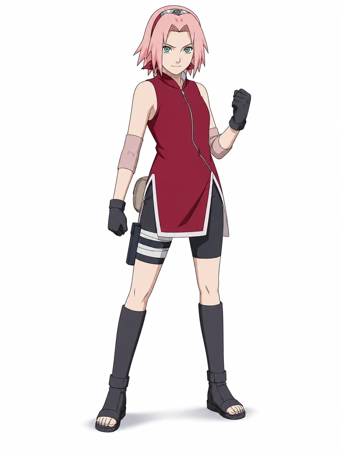 Sakura Haruno from Naruto Shippuden in a sleeveless red top and dark knee-high boots