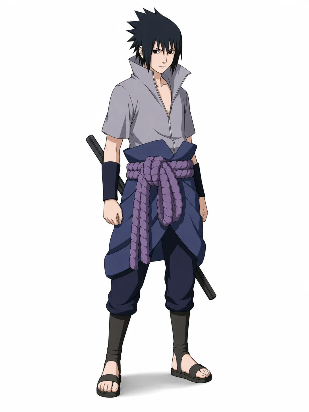 Sasuke Uchiha from Naruto Shippuden in a gray open-collar shirt and purple rope belt