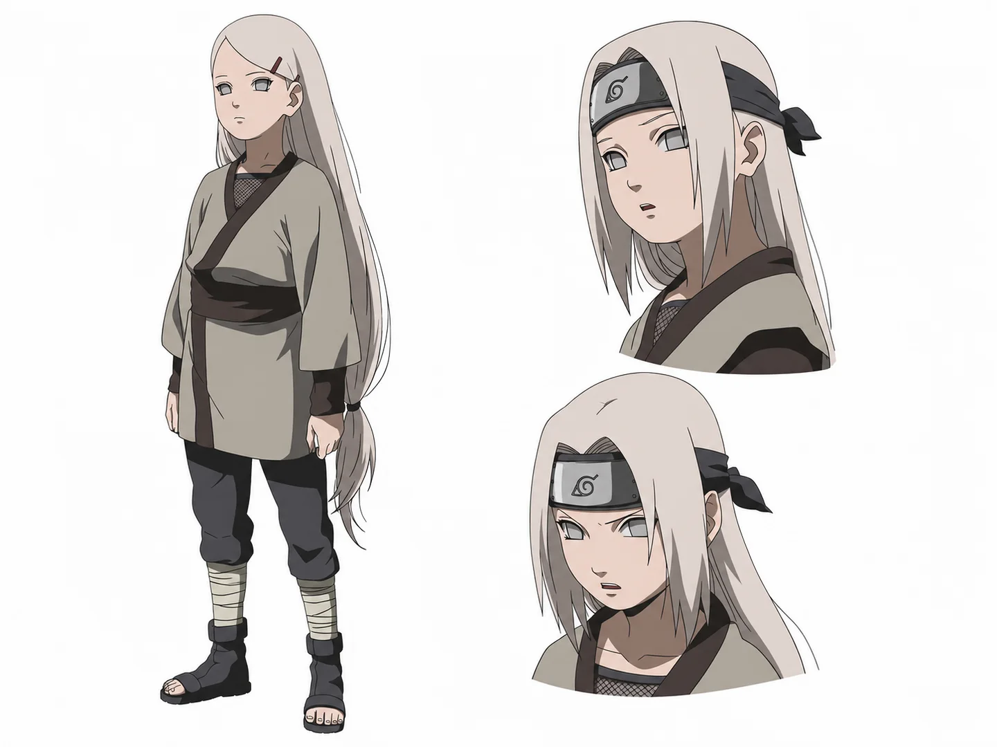 shinobi character reference composition with a full-body view and two face studies