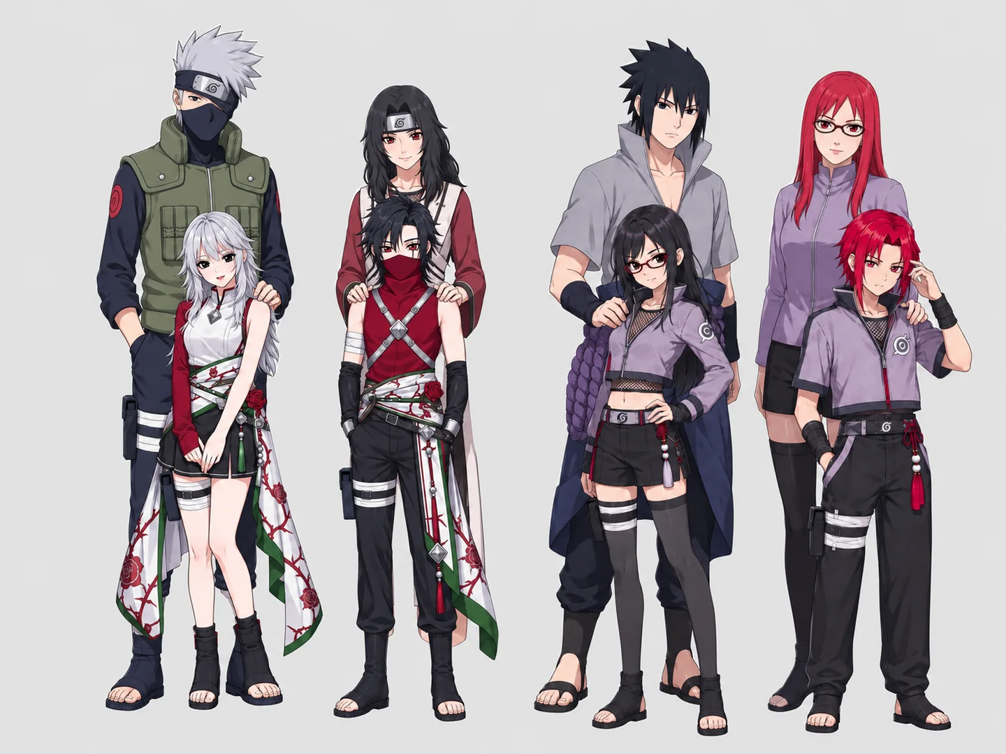 lineup of related shinobi character variations on a light background