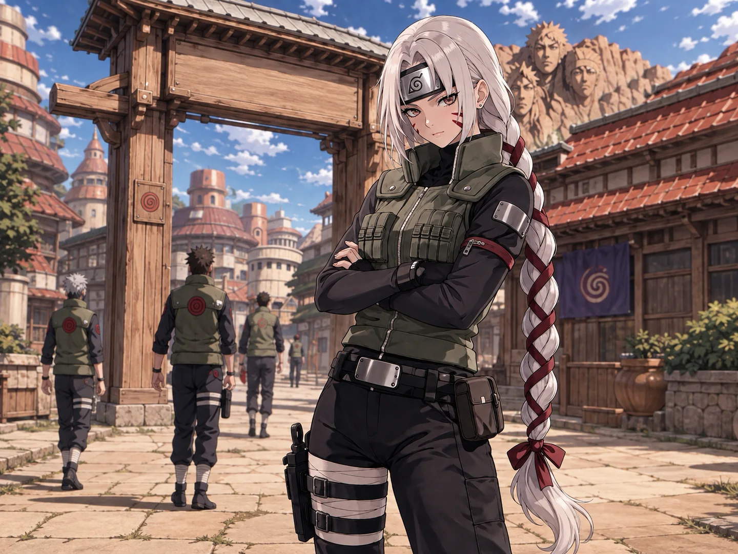 white-haired shinobi character in a detailed flak jacket on a village street