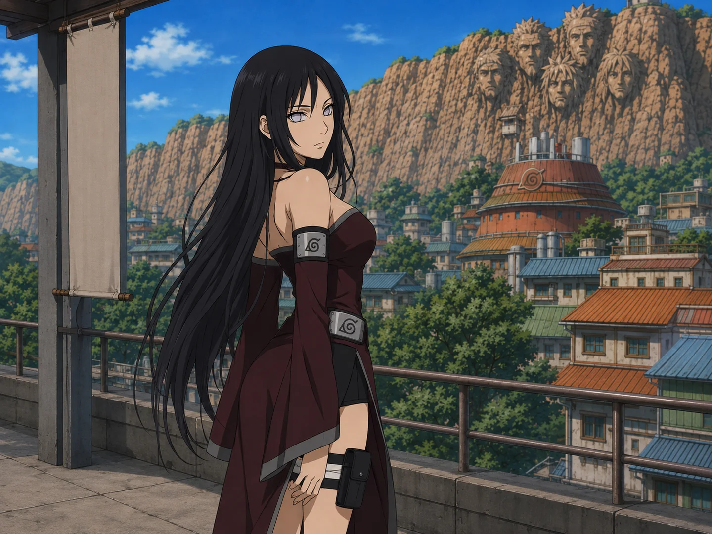 black-haired shinobi character overlooking the Hidden Leaf Village