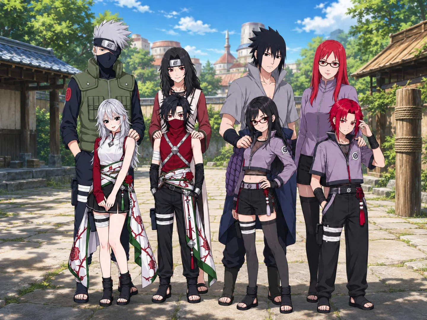 group of shinobi characters with varied outfits in a Hidden Leaf village street