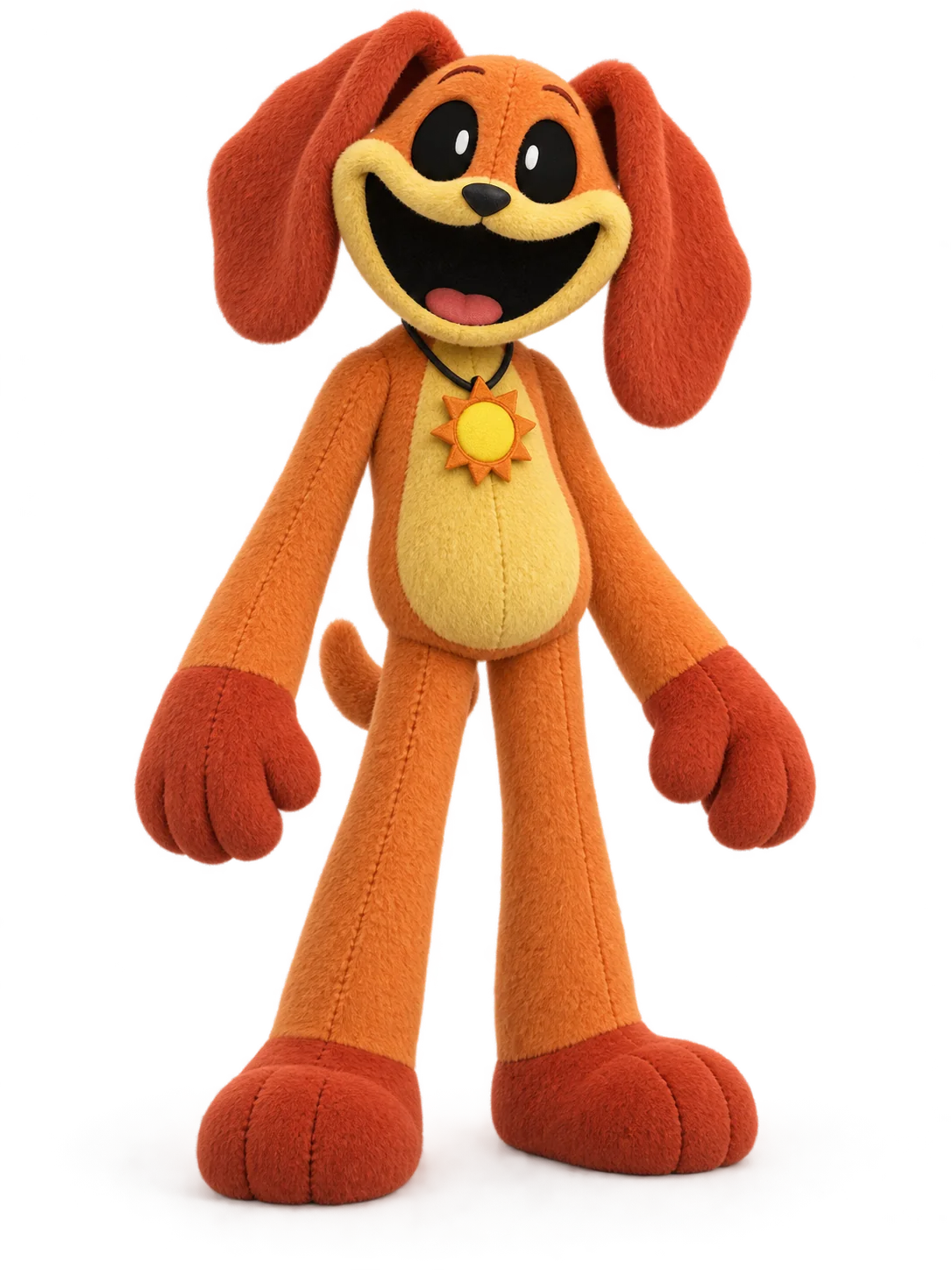 DogDay from Poppy Playtime in his orange plush appearance with a sun medallion