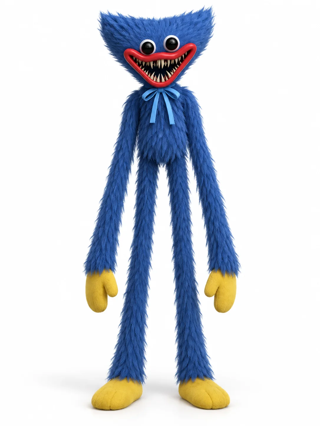 Huggy Wuggy from Poppy Playtime with blue fur, a blue neck bow, and yellow hands and feet