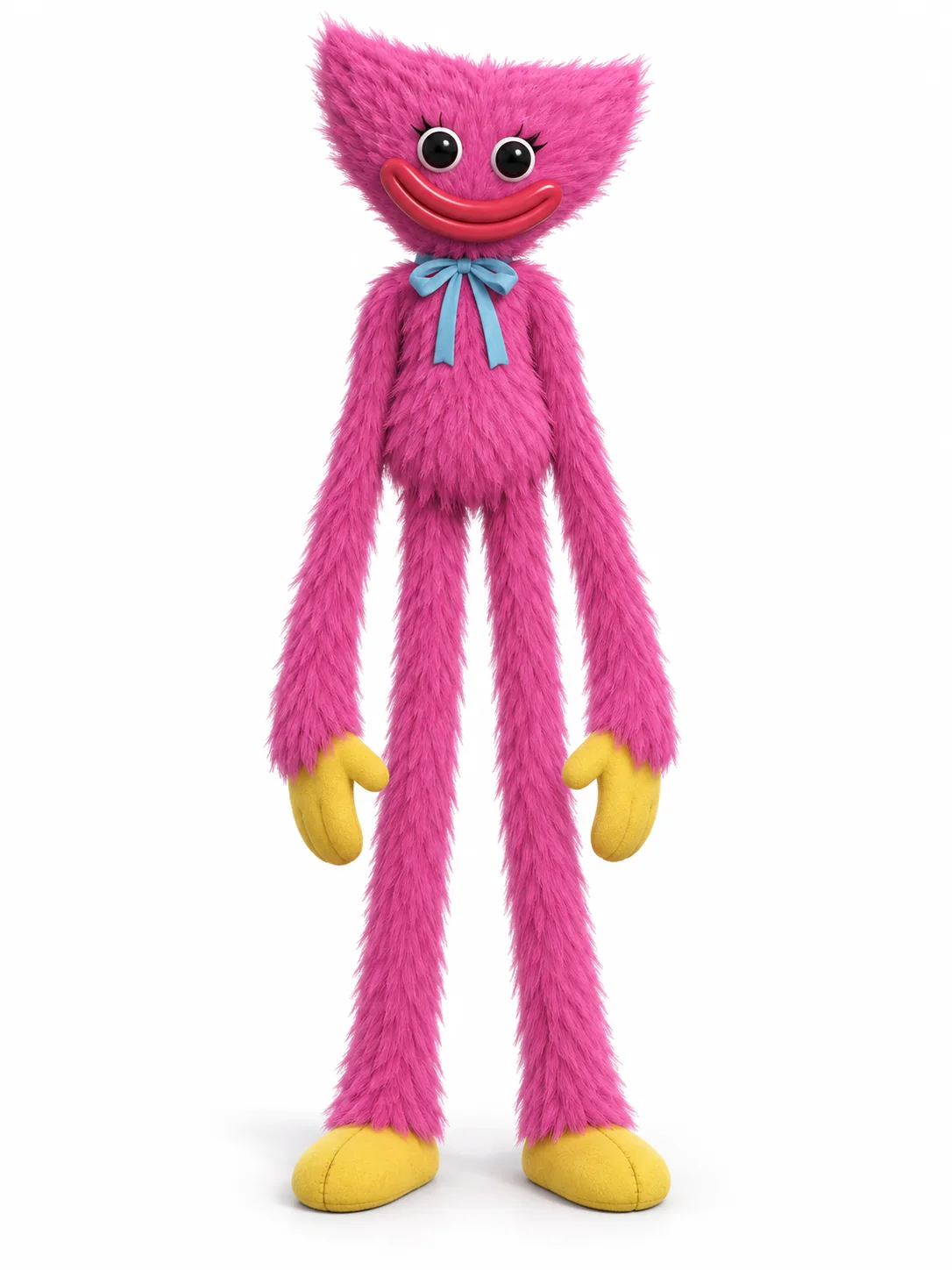 Kissy Missy from Poppy Playtime with pink fur, a blue neck bow, and yellow hands and feet