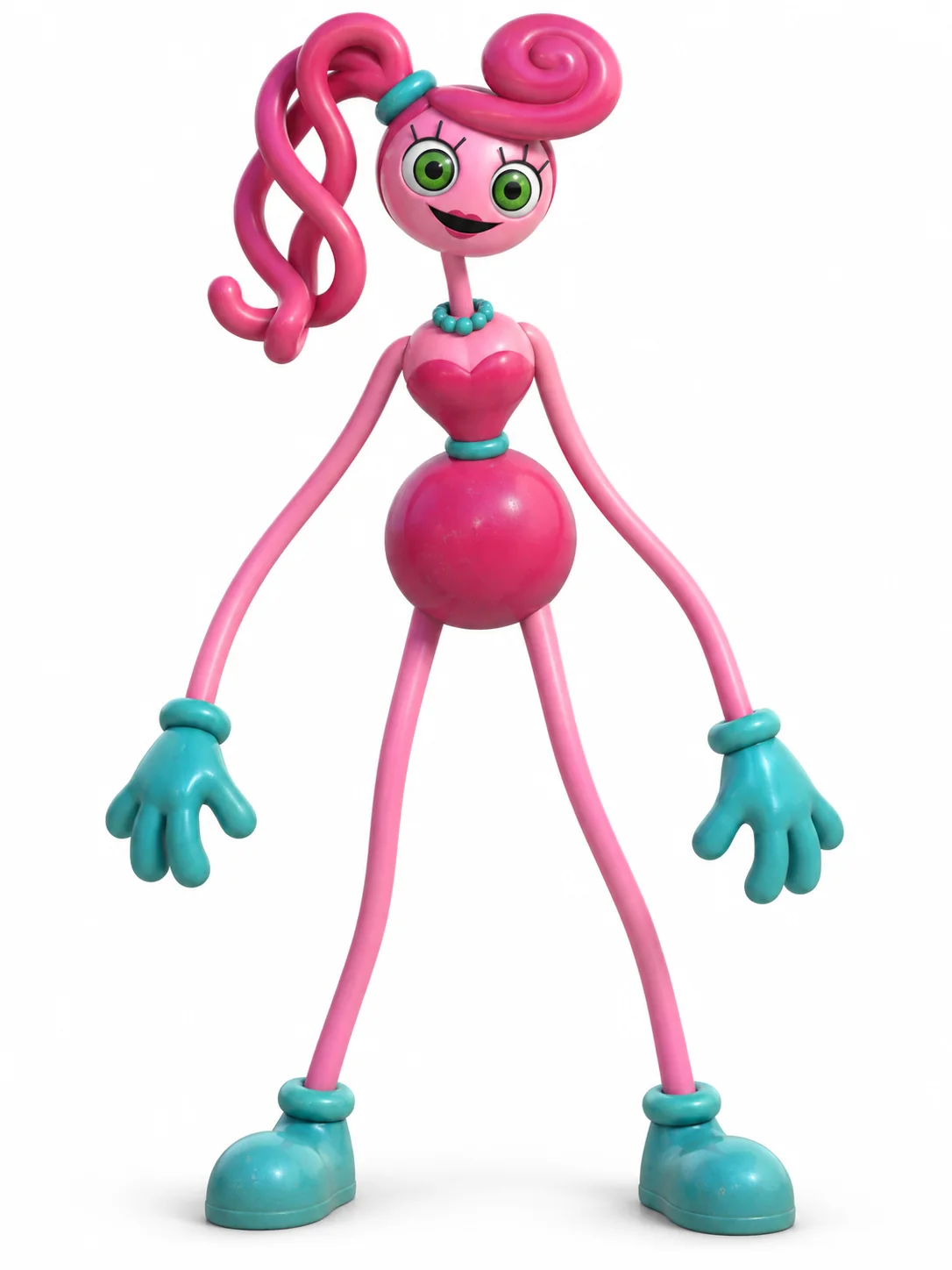 Mommy Long Legs from Poppy Playtime in her pink toy appearance with turquoise gloves and shoes