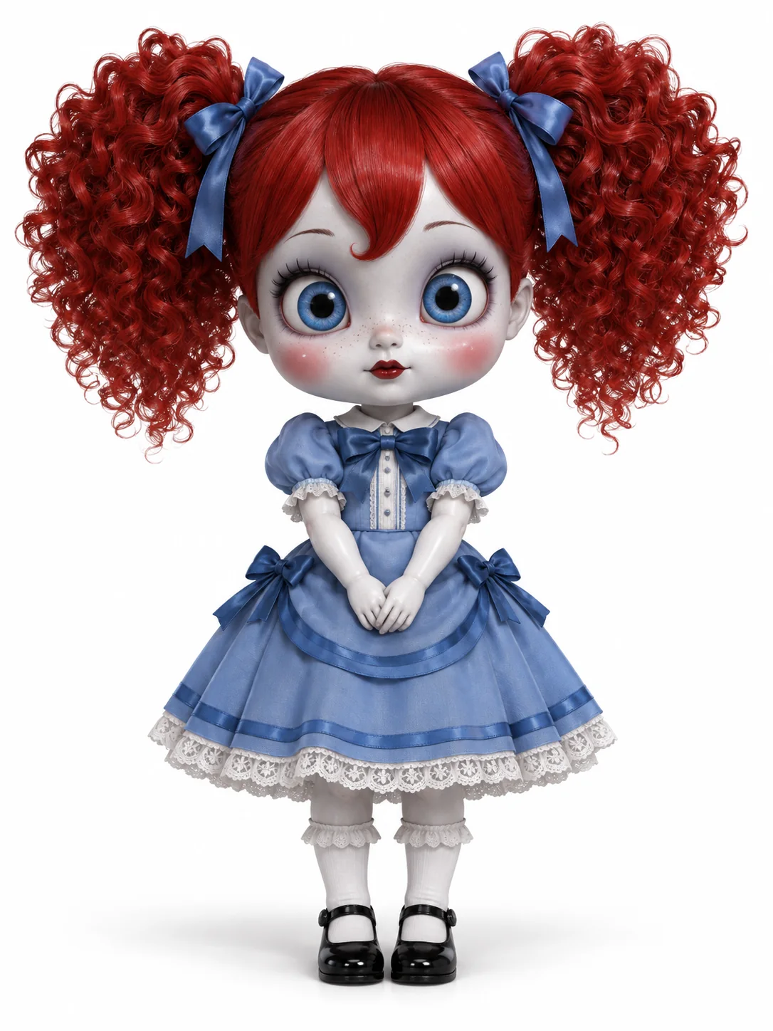 Poppy from Poppy Playtime in her blue dress with red pigtails and black Mary Jane shoes