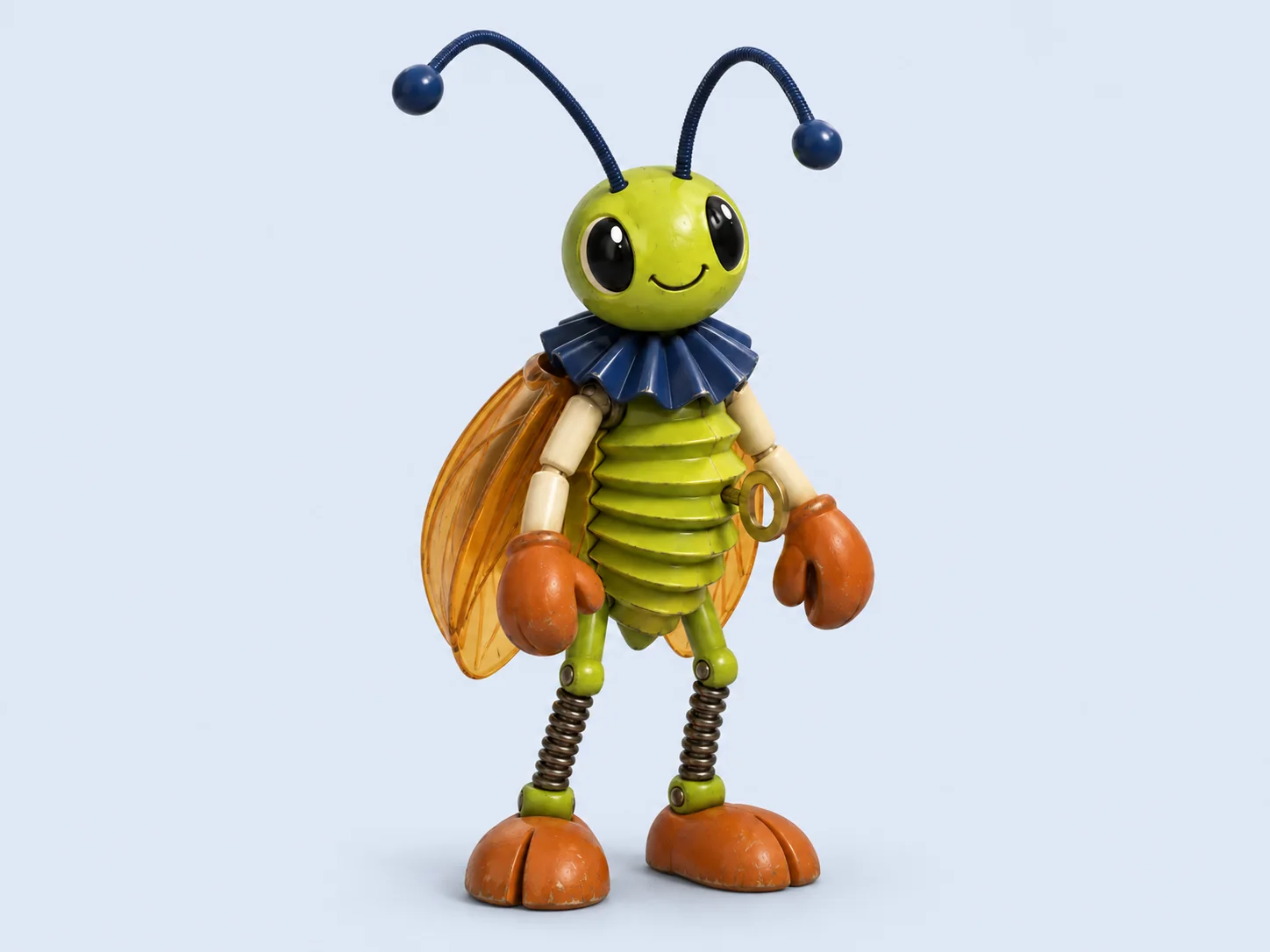 Crinkle Cricket, a green insect toy with orange wings, claw hands, spring legs, and orange shoes