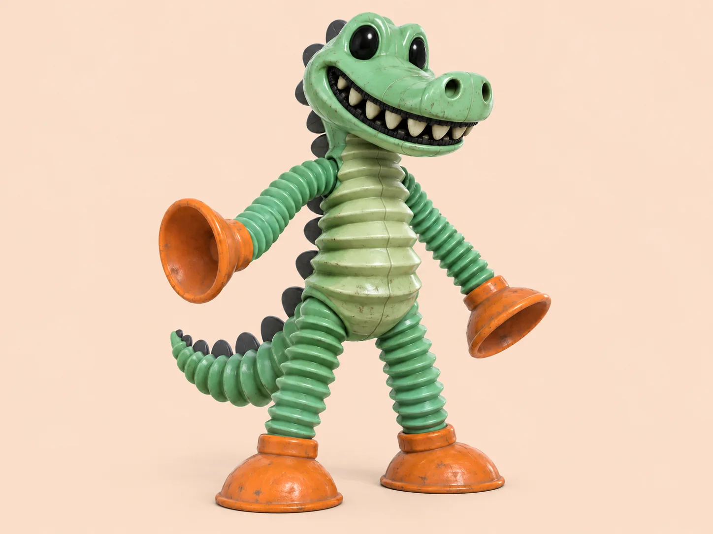Gummy Gator, a green accordion-bodied alligator toy with orange suction-cup hands and boots