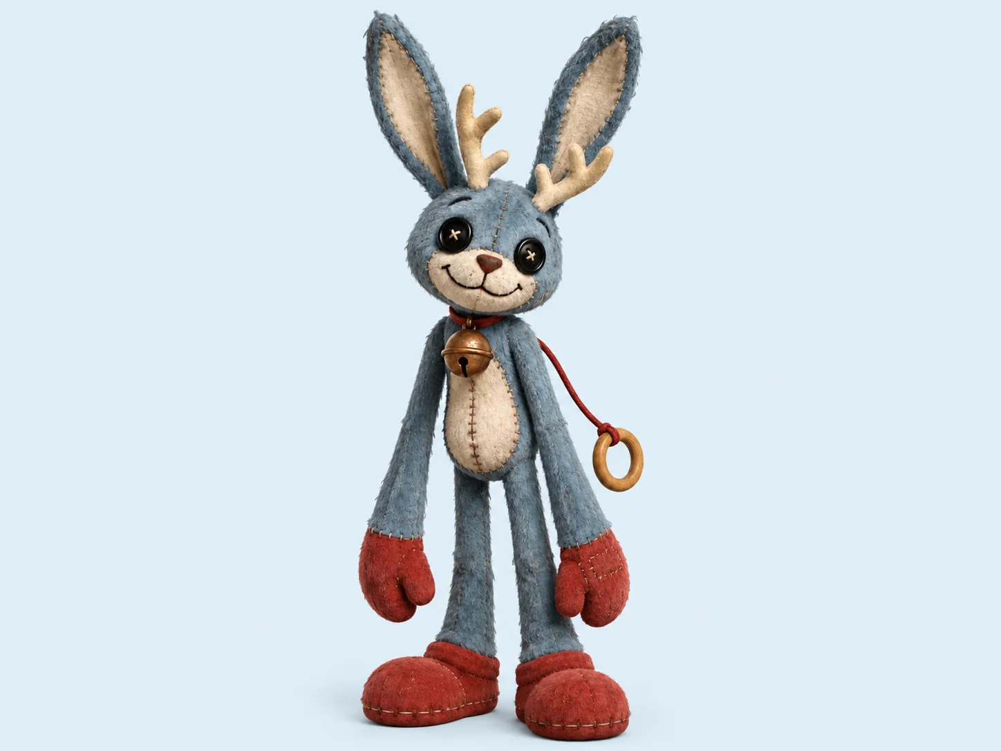 Jingle Jackalope, a blue handmade rabbit toy with antlers, red mittens, boots, and a pull ring