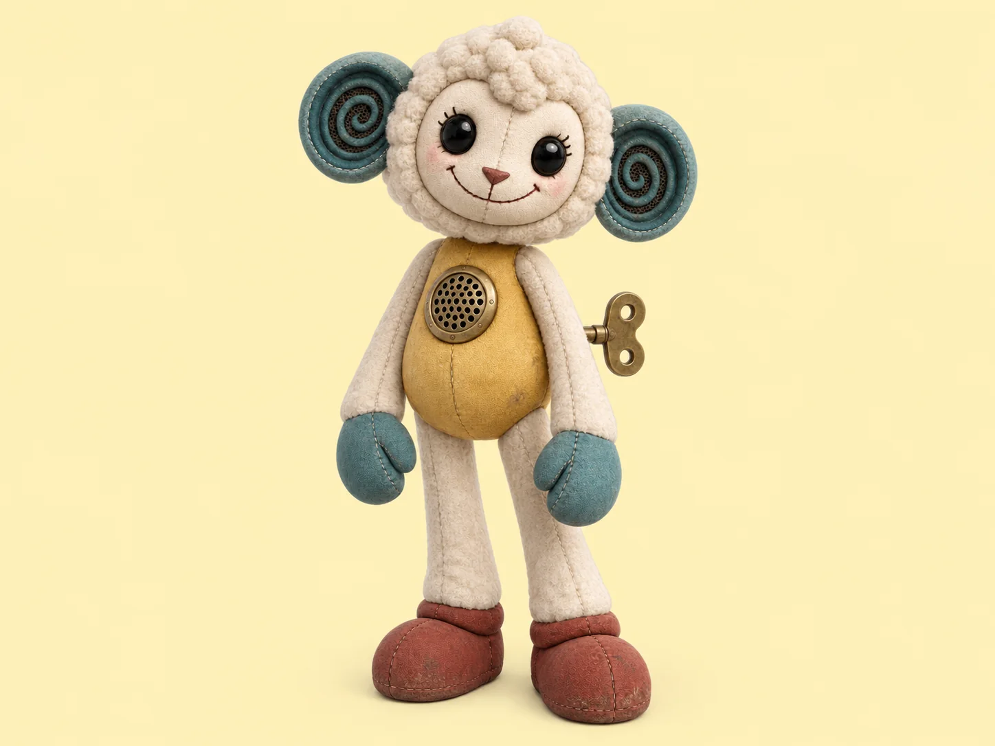 Lullaby Lamb, a cream and mustard wind-up plush toy with blue spiral ears and mittens