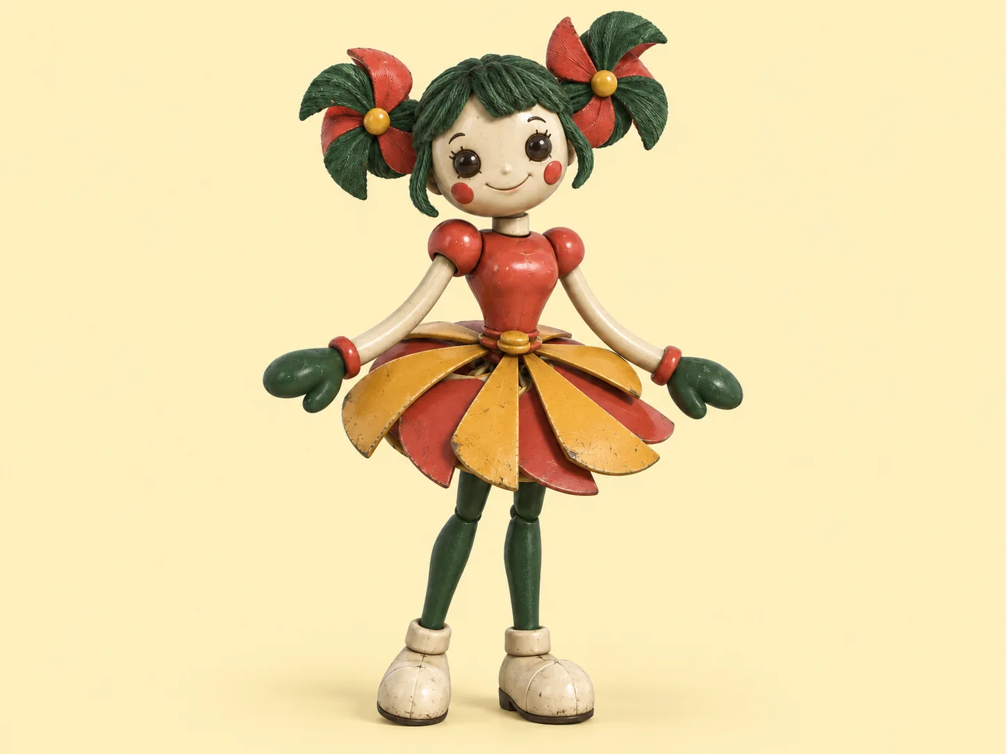 Pippa Pinwheel, a flower-themed doll with green yarn hair and a red and mustard petal dress