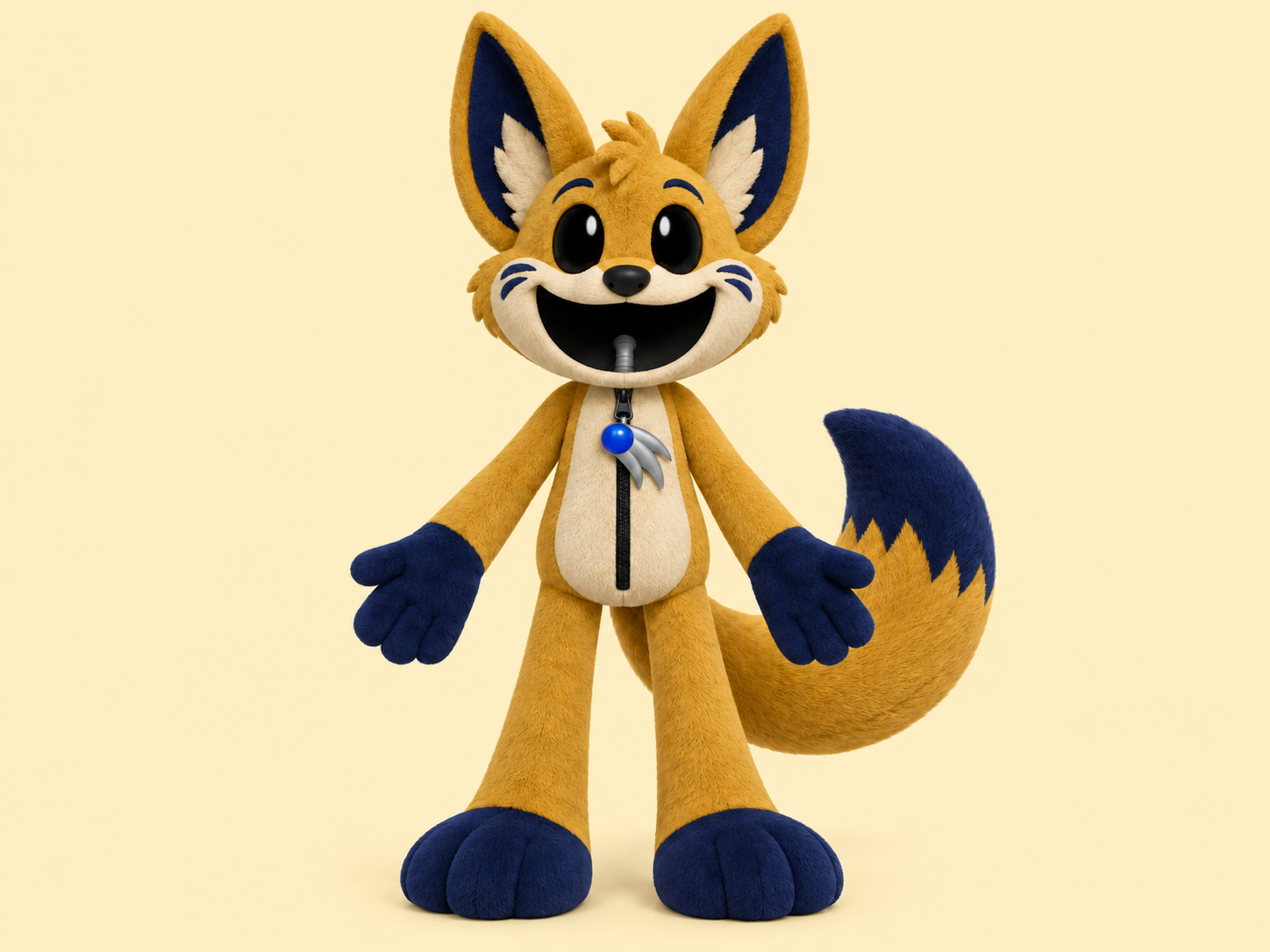 Golden plush coyote with dark blue paws, large ears, and a comet pendant on a pale yellow background
