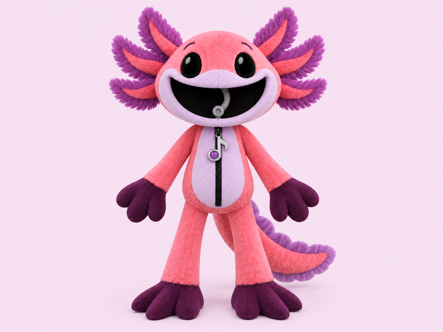 Pink plush axolotl with purple gills, a curled tail, and a musical-note pendant on a pale pink background