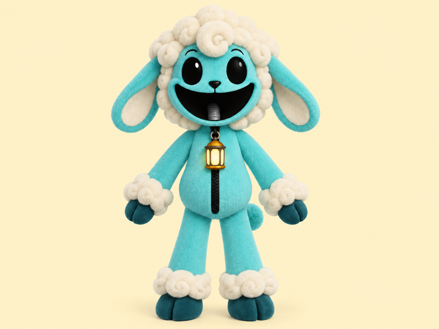 Turquoise plush lamb with cream wool, dark teal hooves, and a lantern pendant on a pale yellow background