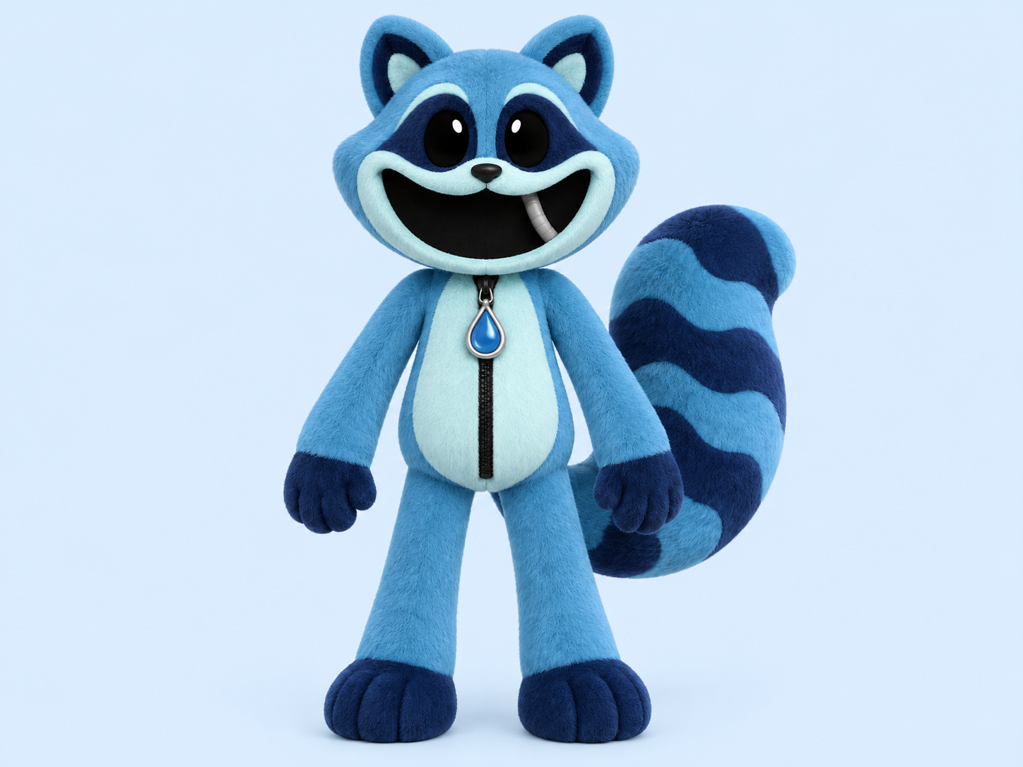 Blue plush raccoon with a striped tail, dark eye markings, and a water-drop pendant on a pale blue background