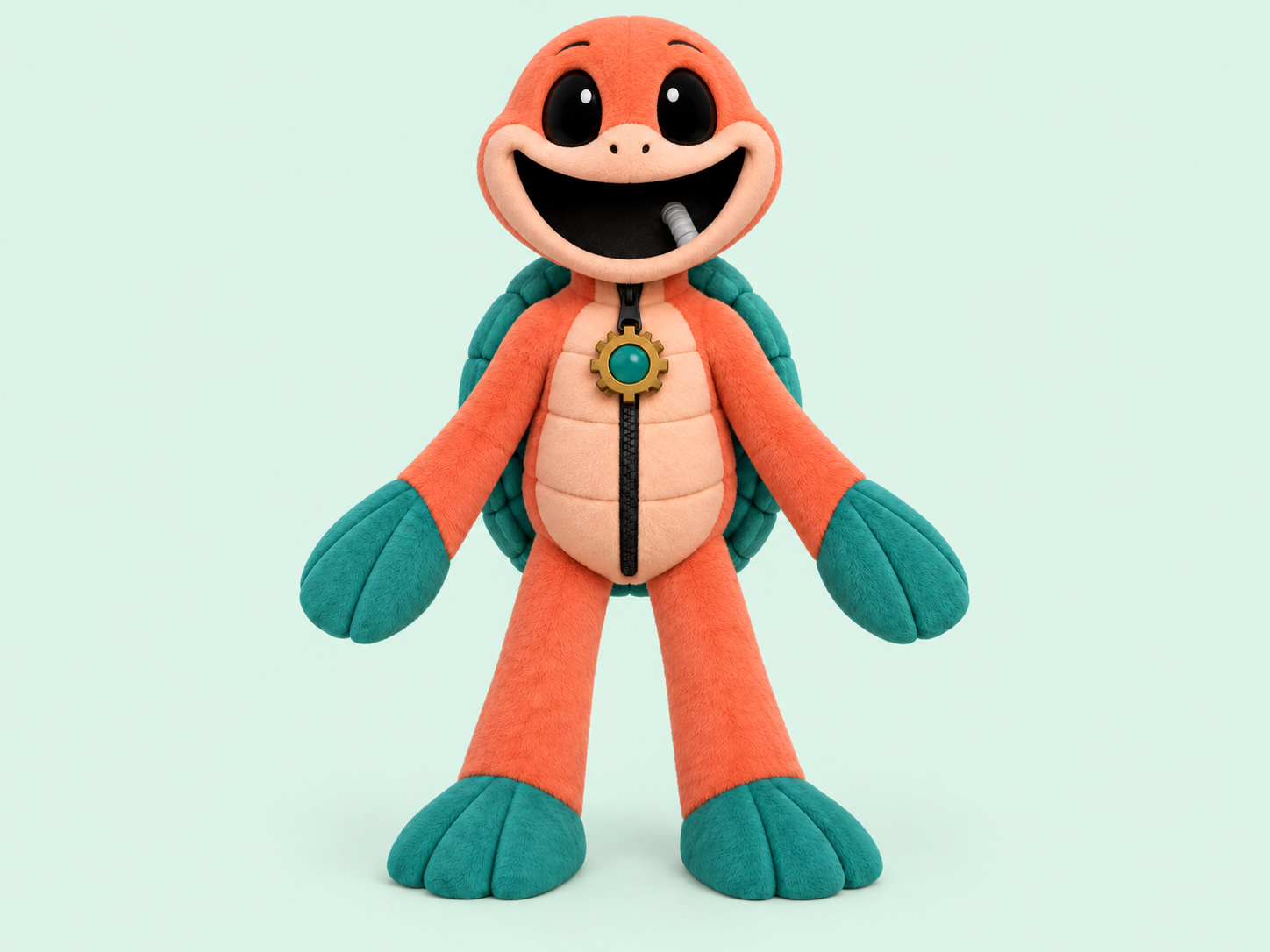 Orange plush turtle with a teal shell, teal paws, and a gear pendant on a pale mint background
